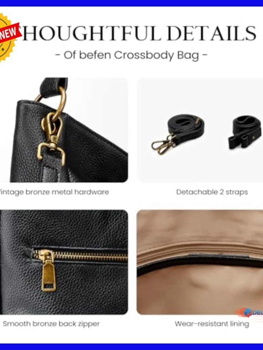 Genuine Leather Hobo Crossbody Bag with 2 Detachable Straps, 7L Capacity